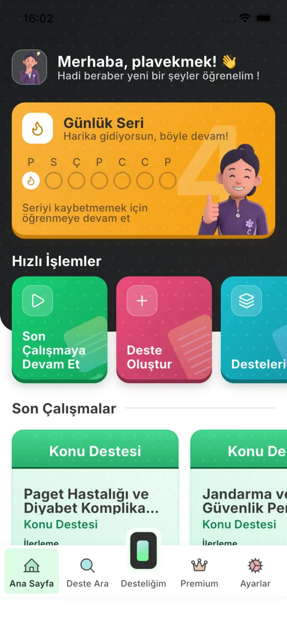 mobile app screenshot of a cardely app shows home page ui with users progress and decks