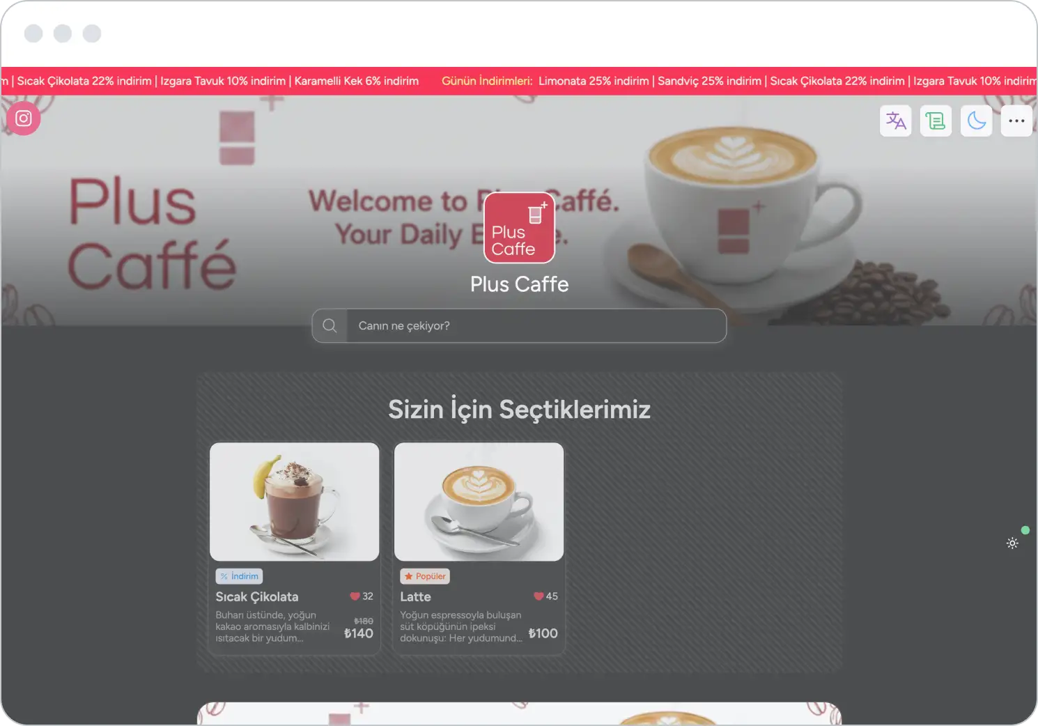 a desktop mockup shows a restaurant menu app with business logo, banner, a search bar and 2 special products with images and descriptions