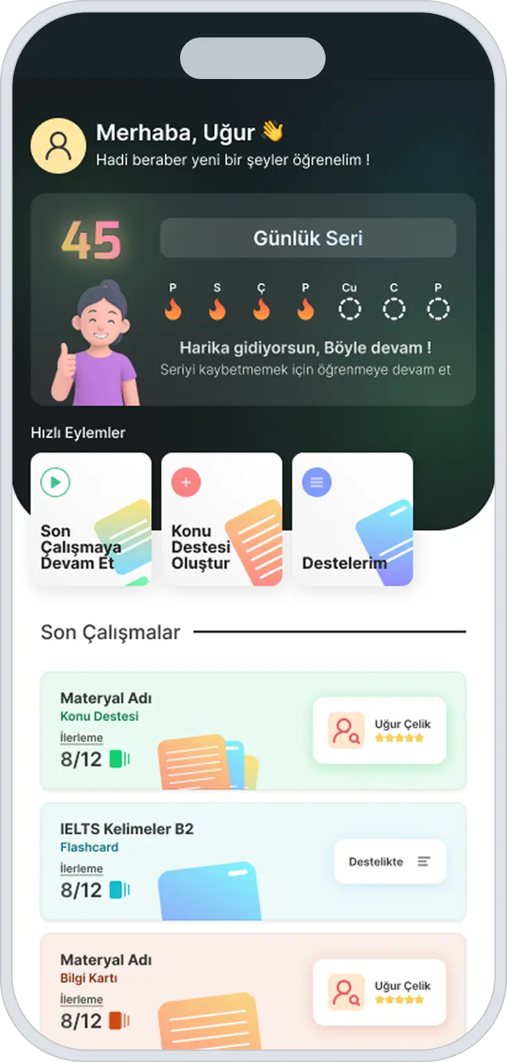mobile app screenshot of a cardely app shows home page ui with users progress and decks