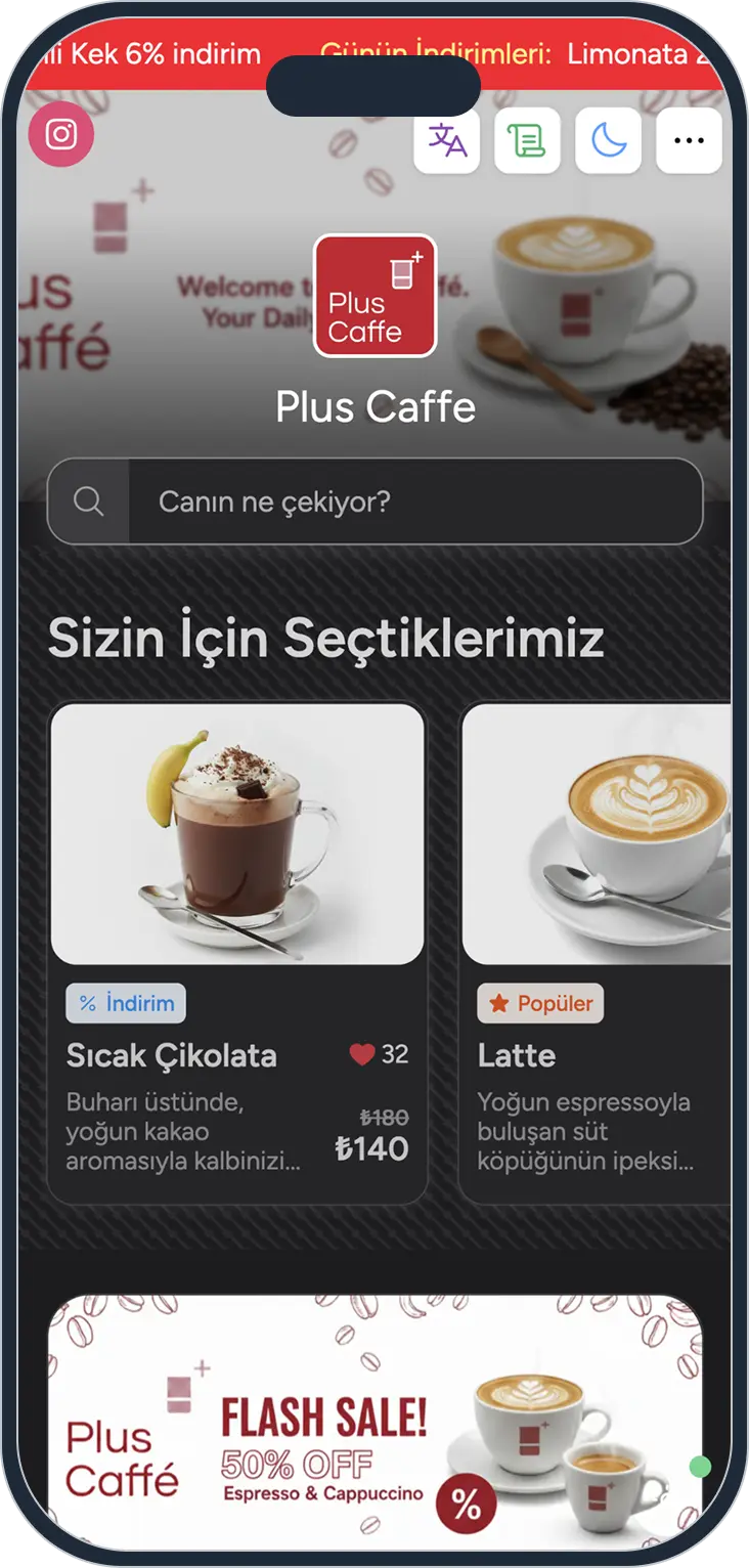 mobile phone screenshot with phone mockup of a restaurant menu app shows home page ui with business logo, banner, a search bar and 2 special products with images and descriptions in dark mode