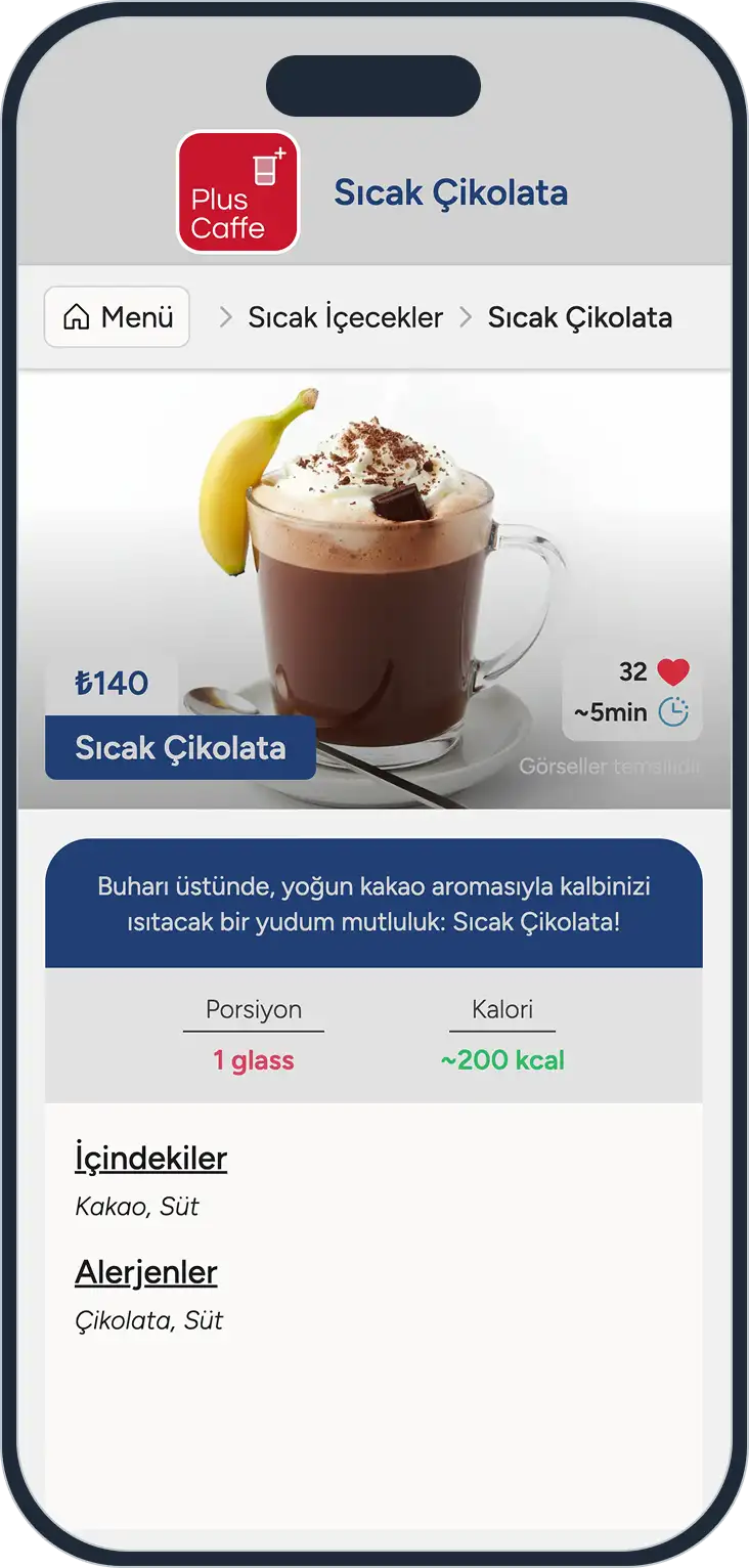 mobile phone screenshot with phone mockup of a restaurant product shows a product page with product image, description, price with business logo with navigation bar