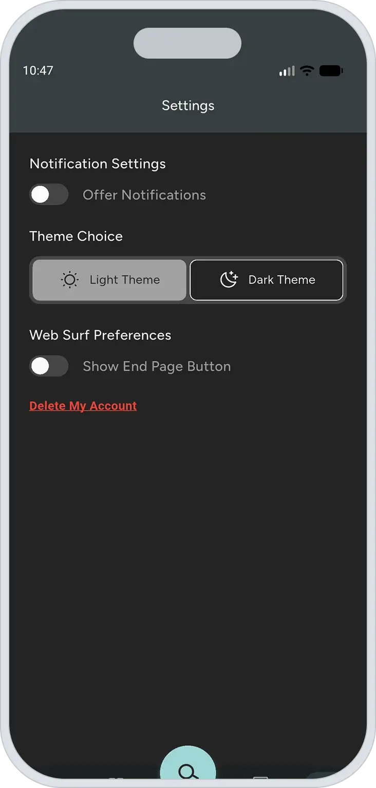 mobile phone screenshot with phone mockup of a restaurant menu app shows home page ui with business logo, banner, a search bar and 2 special products with images and descriptions in dark mode